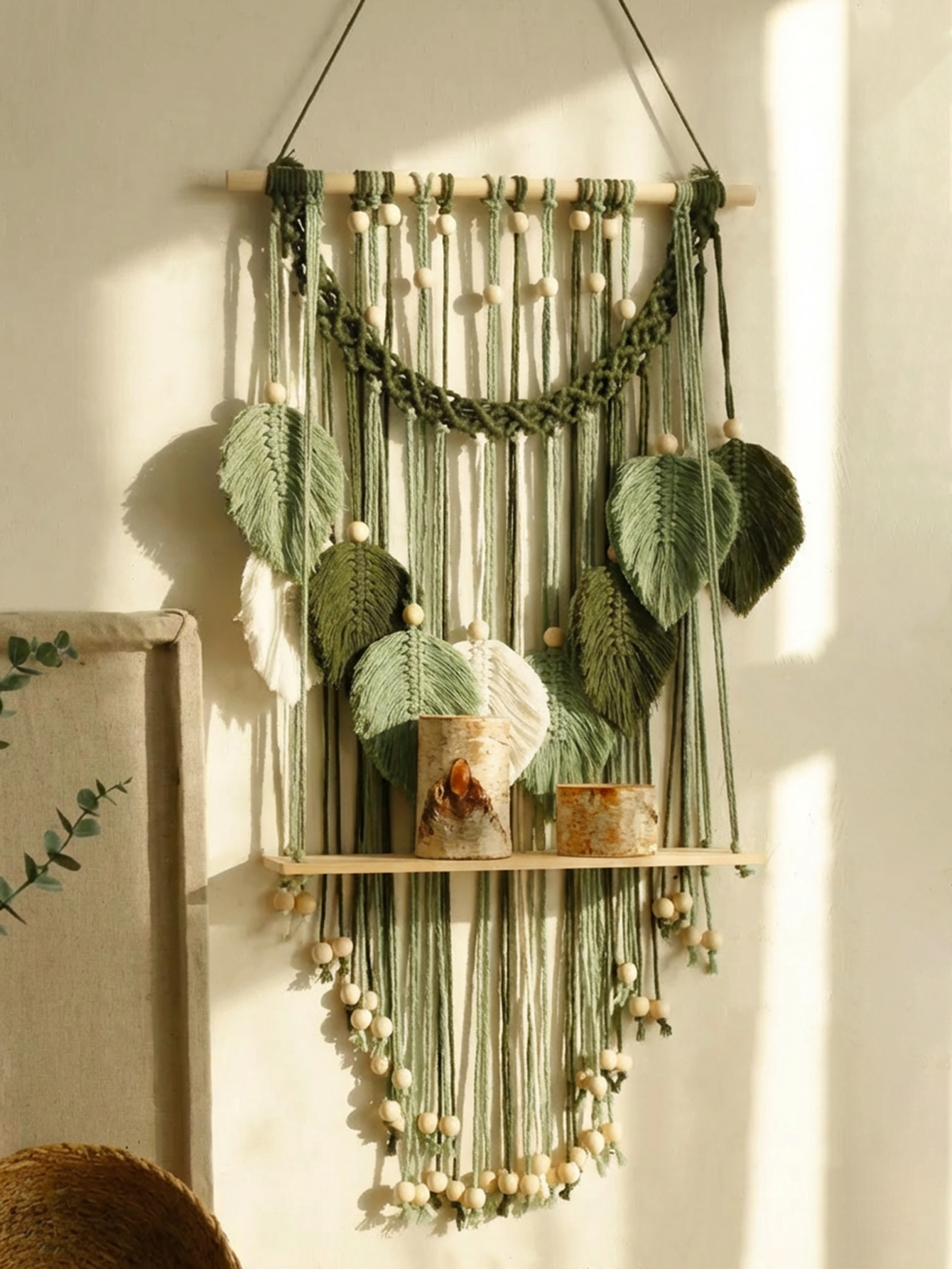 Home Art Textiles - Boho Macrame Wall Hanging Shelf Green